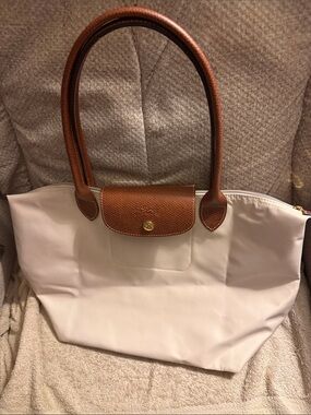 Longchamp Beige Le Pliage Original Medium Tote with Brown Leather Handles